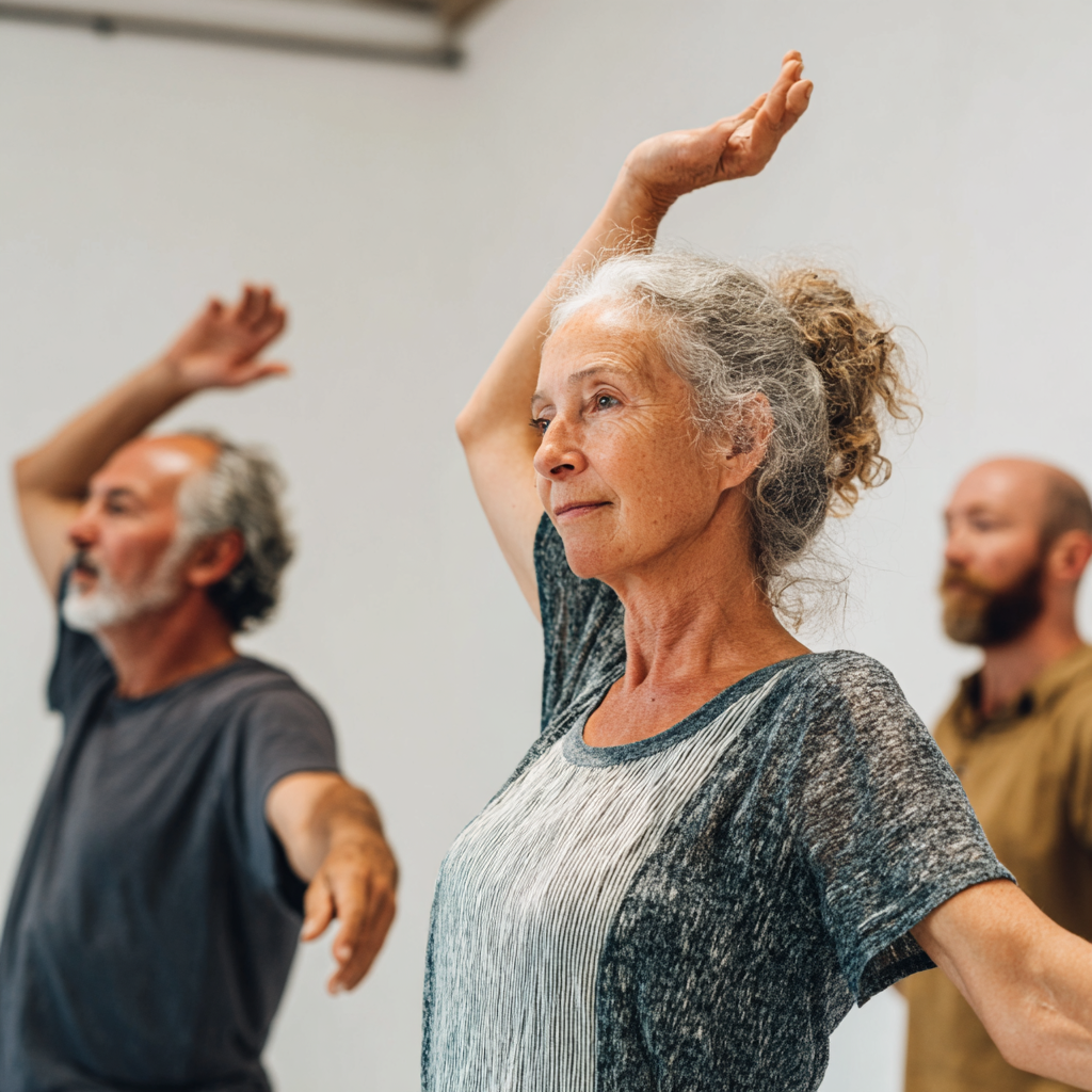 Middle-aged adults practicing gentle movement exercises in a bright studio space