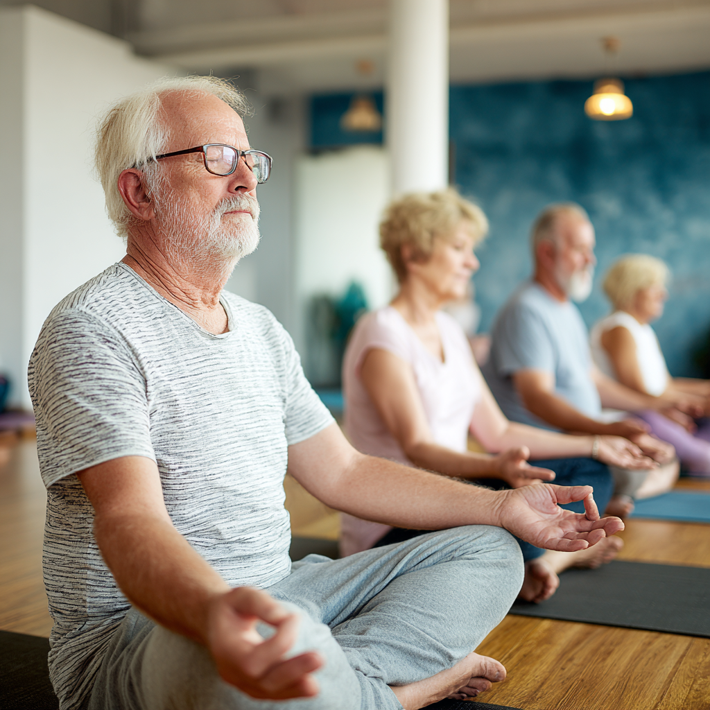 Older adults practicing mindful movement in a peaceful wellness center environment